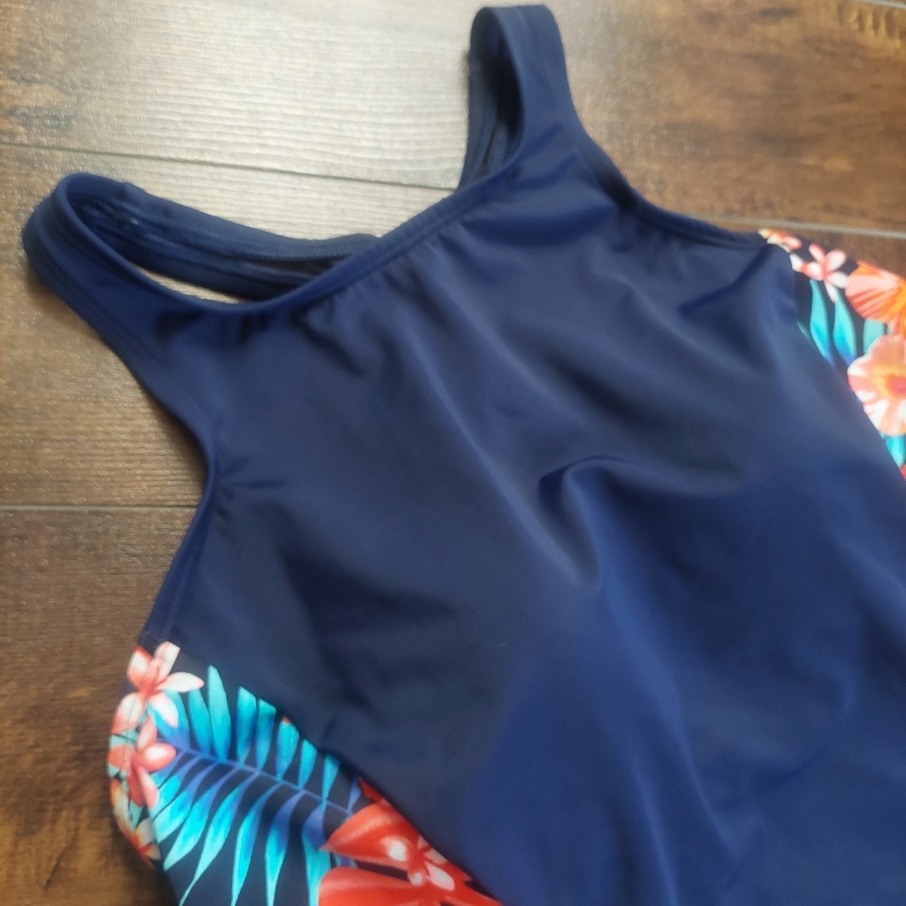 Lands' End Racerback Tankini Top Navy Orange Tropical Floral Size 6D - Picture 2 of 8